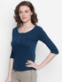 Women Navy Blue 3/4 Sleeves Henley T-Shirt